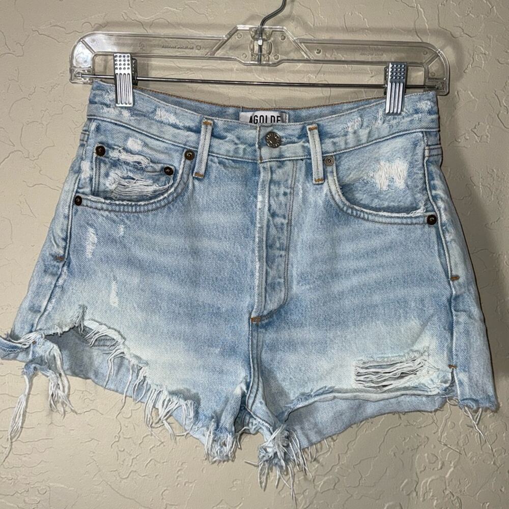 Agolde Jaden high rise button fly light wash distressed Jean shorts